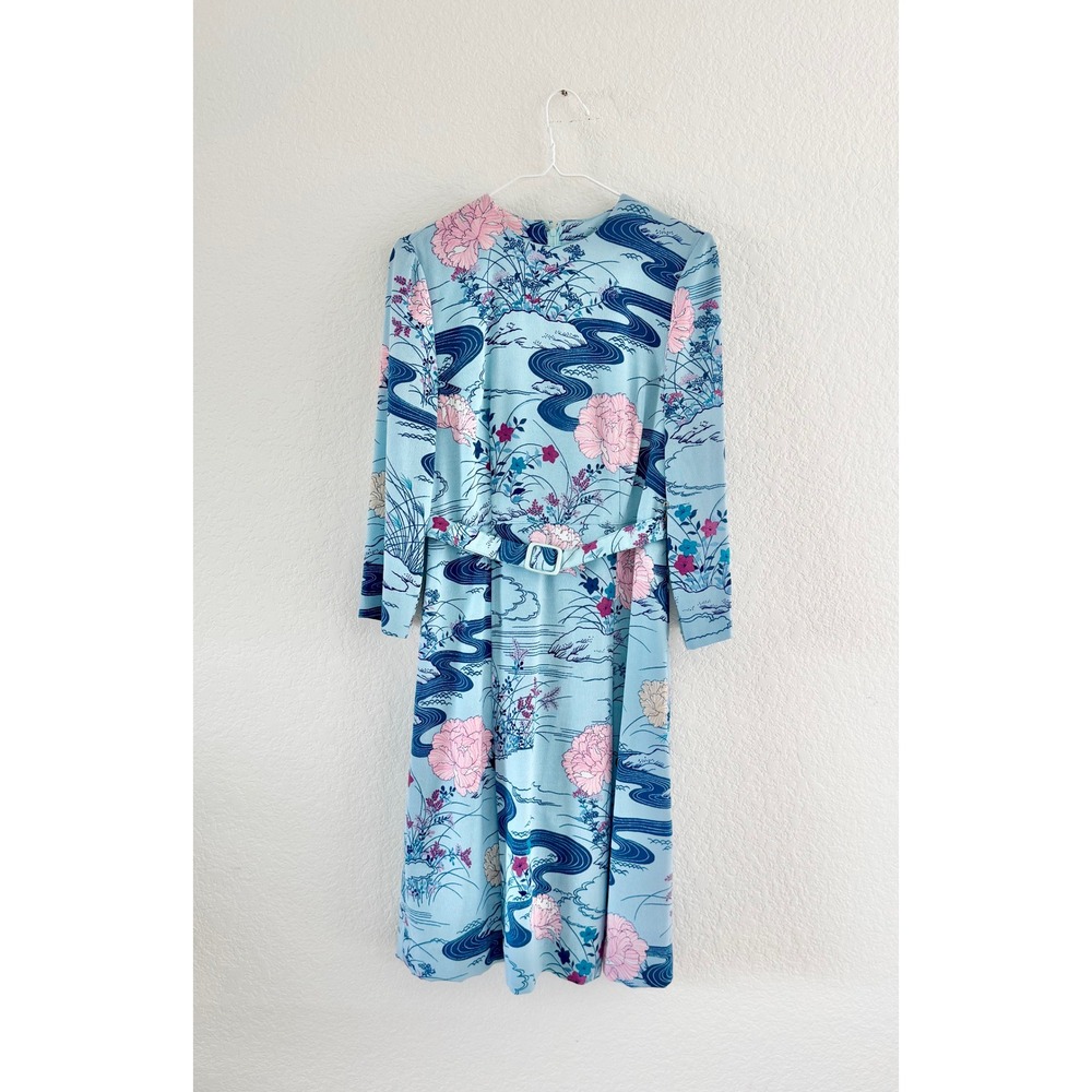 Vivid Hanae Mori Dress Womens 13 Blue Pink Floral Landscape Vintage Belted Midi